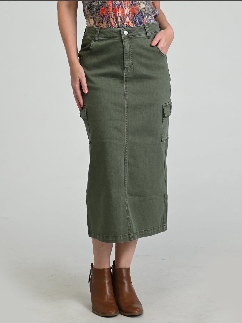 Falls Creek Olive green cargo pencil straight midi maxi denim skirt with pockets